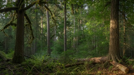 Fototapeta premium A dense, ancient forest with moss-draped branches, towering trees, and a fallen log on the forest floor, bathed in soft, diffused sunlight and mist Keywords: forest, woods, trees, sunlight