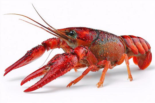 A vibrant crawfish showcases intricate shell detail against a clean backdrop. Detailed shot of a crawfish shows crustacean beauty. 