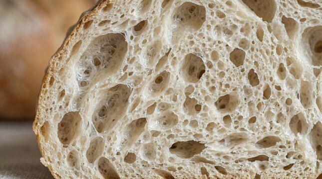 Close up of airy artisan bread crumb texture with open holes