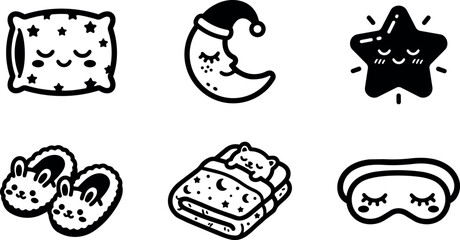 Fototapeta premium Cute sleep themed icons with moon star pillow bunny slippers and sleeping mask