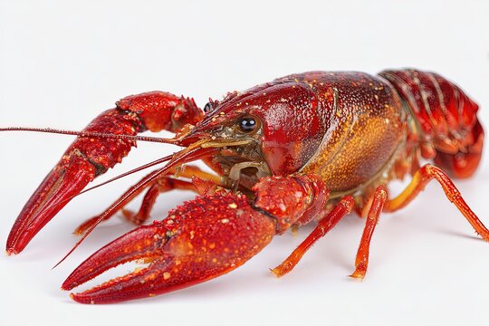 A vibrant, photorealistic depiction of a crawfish showcasing intricate details and its striking reddish hue, presented in a clean and appealing aesthetic.