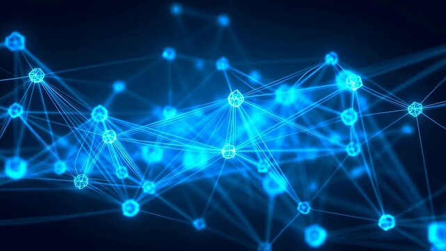 Abstract digital network connections with glowing blue nodes. Visual representation of data flow, technology, and communication in the digital age