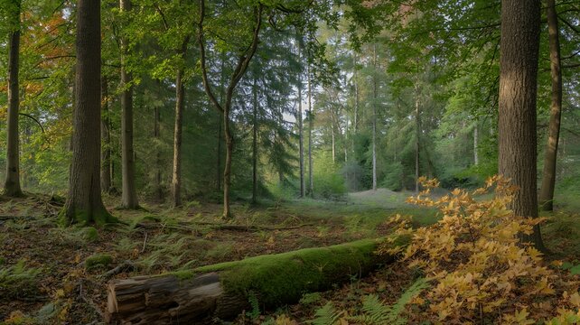 Autumn forest scene with a moss-covered fallen log in the foreground, surrounded by ferns and trees with yellowing leaves, bathed in soft natural light