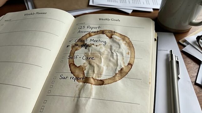 Mancha circular de caf&eacute; sobre una agenda de trabajo en un escritorio