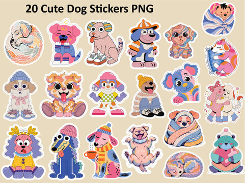Cute Kawaii Dog Sticker Pack, Die Cut Digital Download Printable PNG