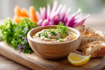 Creamy hummus dip with olive oil herbs and vegetables