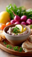 Eggplant dip with lemon herbs and fresh vegetables setup