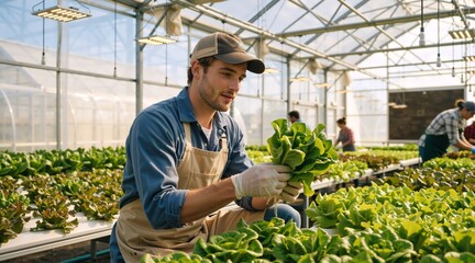 Obraz premium Young male farmer inspecting fresh lettuce in a commercial greenhouse. Modern hydroponic agriculture and sustainable farming concept