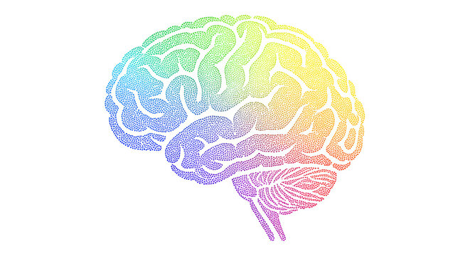 Human brain profile illustration. Colorful rainbow gradient dots forming anatomy. Creative thinking and mental health.