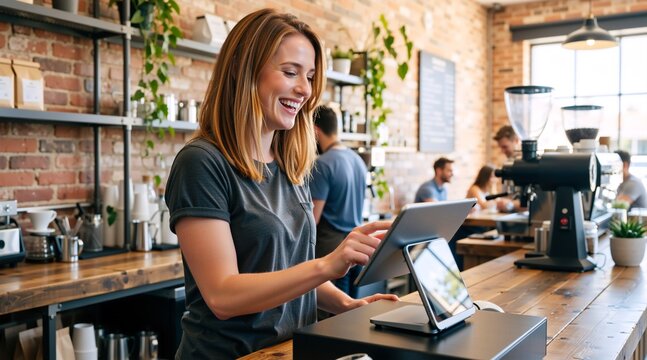 Smiling female barista using tablet POS system at coffee shop counter. Happy young woman working register in modern cafe with exposed brick wall. Small business owner concept