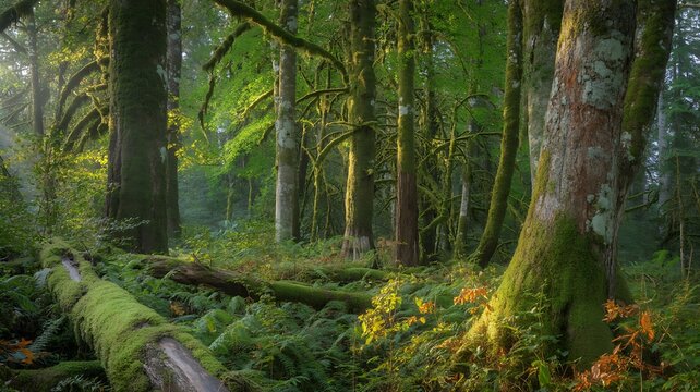 Lush temperate rainforest floor with moss-covered fallen logs and vibrant green ferns illuminated by dappled sunlight filtering through dense canopy overhead creating a serene and ancient woodland