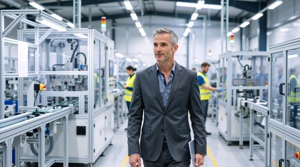 Fototapeta premium Confident male factory manager with tablet walking through modern manufacturing plant. Industrial executive inspecting automated production line