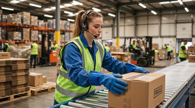 Female warehouse worker with headset handling fragile box on conveyor belt. Woman in safety vest and gloves sorting packages in busy distribution center
