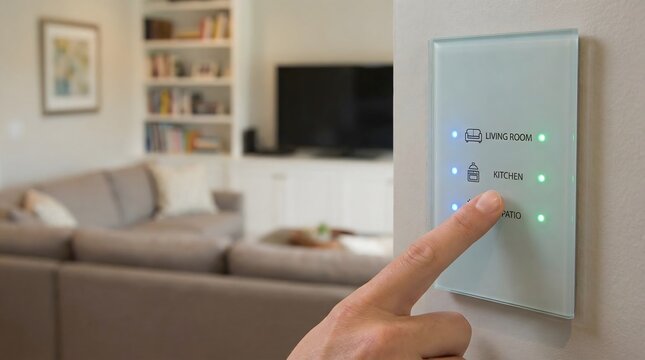Smart Home Automation Touch Panel with Finger Pressing Kitchen Button in Modern House