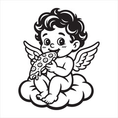 Naklejka premium Cute Baby Angel Sitting on Cloud Eating Pizza Slice