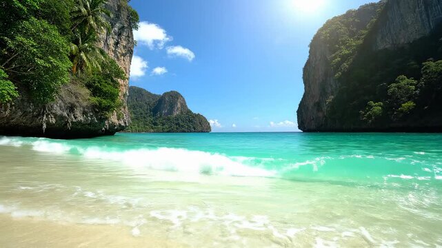 Tropical beach paradise with turquoise clear water, white sand, and lush green cliffs under a sunny blue sky, ideal for travel and vacation themes