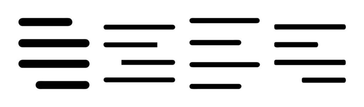 Minimalist text alignment icons, black paragraph justification symbols, vector typography formatting set for web design and document editing