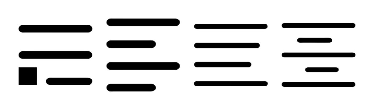 Minimalist text alignment icons, black linear paragraph formatting symbols, vector UI elements for document editing and typography
