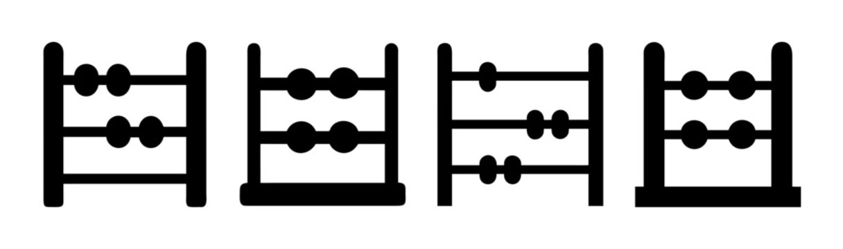 Minimalist abacus icon set, black silhouette calculation tools, set of 4 vector abacus symbols for finance and education apps