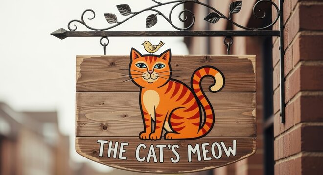 A wooden sign with a cartoon cat and the phrase THE CAT'S MEOW hangs from a black metal bracket on a