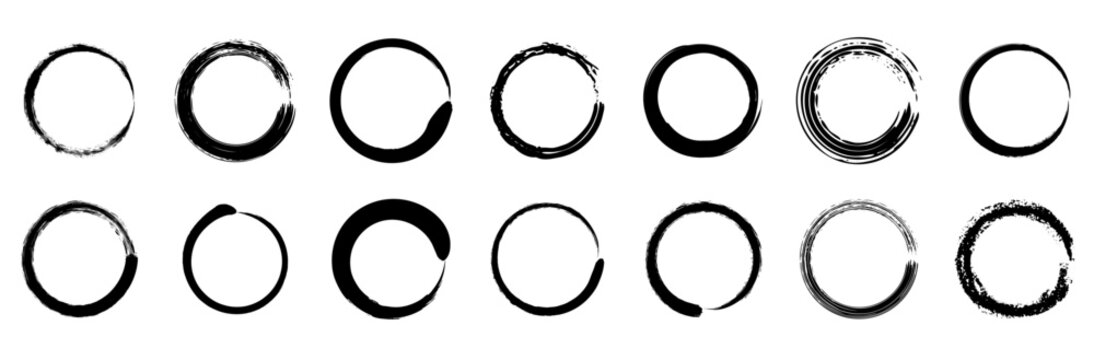 Ink circle brush strokes vector set hand-drawn style Japanese enso rings. Black paint splatter textures round frames for logo design and background.