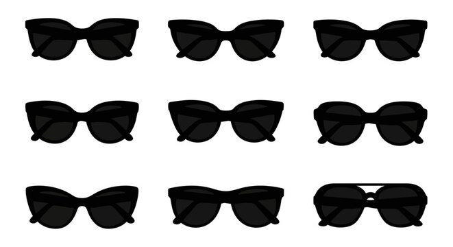 Collection of various black sunglasses on a white background.