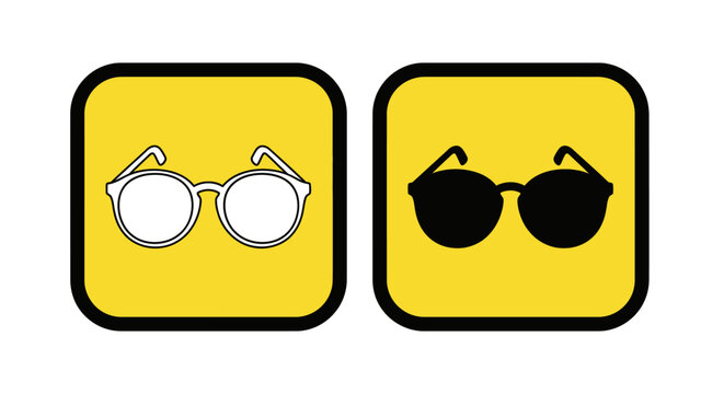 Two pairs of glasses, one clear and one dark, on yellow backgrounds.