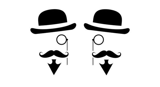 Two identical gentlemen with hats, mustaches, and monocles.