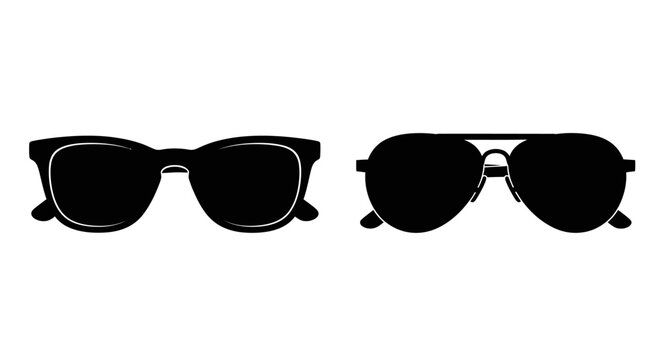 Two distinct styles of sunglasses, one classic wayfarer and one aviator, presented as black silhouettes on a white background.