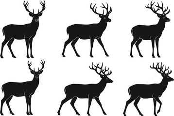 Fototapeta premium Collection of black deer silhouettes with majestic antlers featuring various standing and walking poses isolated on white background for nature and wildlife design