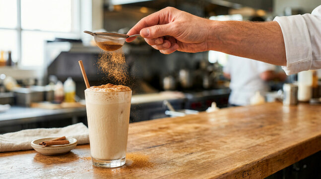 Bartender dusting cinnamon over a cold horchata drink. Traditional Mexican rice beverage preparation on a wooden counter