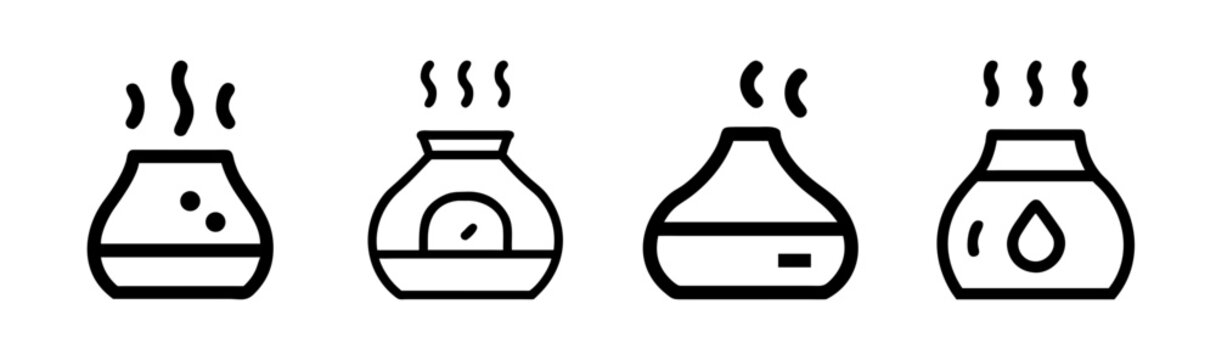Minimalist essential oil diffuser icons, set of 4 aromatherapy humidifier line art symbols, modern wellness and spa equipment SVG graphics