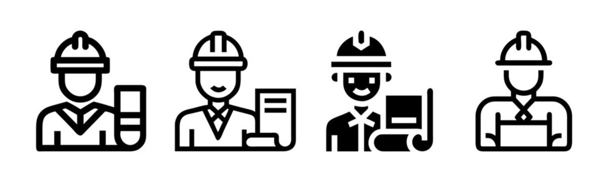 Construction engineer line icons, professional architect and builder avatars, set of 4 worker symbols for industrial project management