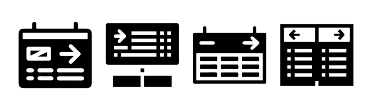 Airport information board icons, flight schedule and terminal wayfinding signs, black solid vector set for travel navigation