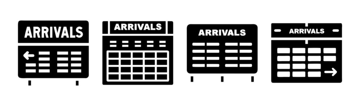 Airport arrivals board icons set, black flight schedule display symbols, 4 travel information terminal signs, minimalist transportation SVG graphics