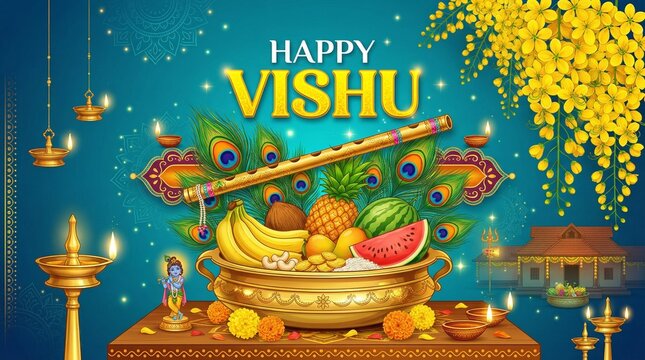 illustration vector of happy vishu festival for kerala new year (vishukkani) poster, card, greeting, design with creative background.