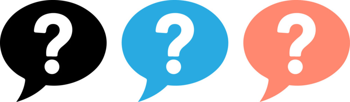 Three question mark speech bubbles in contrasting colors for user queries or unknowns