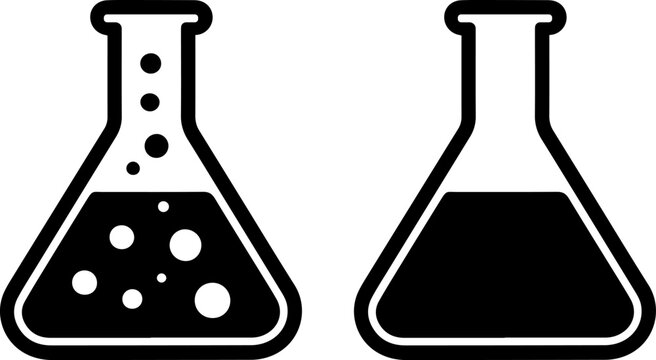 Comparison of a filled and empty laboratory erlenmeyer flask with contents and bubbles