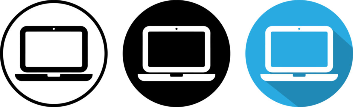 Three stylized laptop icons with different background circles