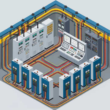 Isometric View of an Industrial Control Room with Equipment.