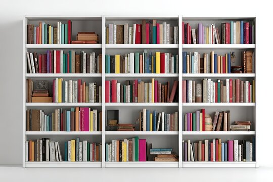 A meticulously arranged library or study shelf, lined with a variety of book spines. A visual symphony of literature. 