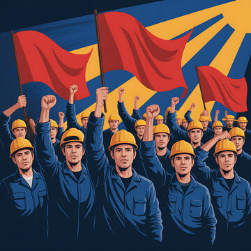 Diverse crowd of workers with raised fists and flags symbolizing solidarity and revolution