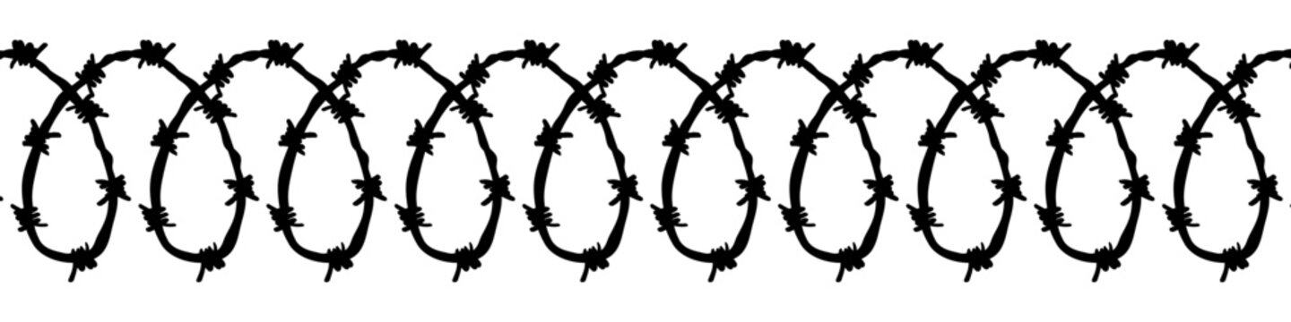 Black seamless coiled barbed wire silhouette. Horizontal concertina razor wire border isolated on white. Vector graphic element for security, prison, military boundary, danger, restricted area concept