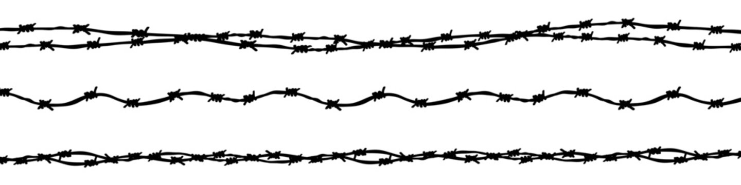 Hand-drawn black barbed wire silhouette frame. Seamless vector barbwire border and fencing pattern. Security, war, migration issues, prison, restricted area, or danger concept. Isolated on white.
