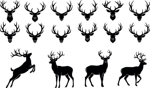 Vector Set of Black Deer Silhouettes with Antlers in Multiple Poses Including Standing, Jumping, and Detailed Headshots