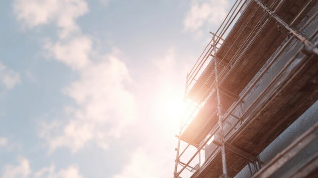 Close-up of a construction site with scaffolding on the right side. the scaffolding is made of metal rods and appears to be in the process of being installed.
