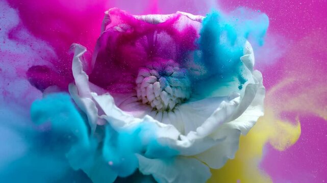 Vibrant flower bursting with colorful powder in a dynamic display. Represents creativity, beauty, and artistic expression in motion