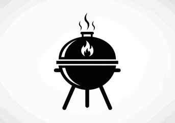 A stylish black silhouette of a yummy barbecue grill icon with smoke and fire on it