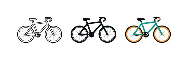 Obraz premium Three bicycle icons in outline, solid black, and colorful designs