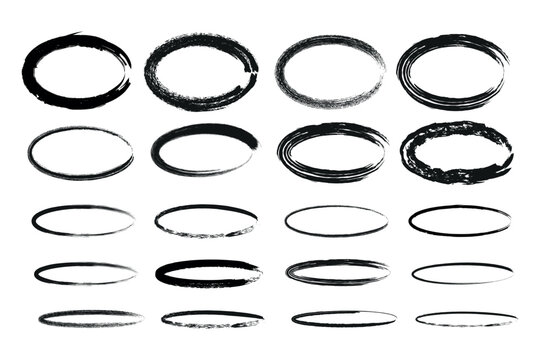 Variations of hand-drawn elliptical and oval shapes with differing stroke styles isolated on transparent background